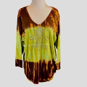 Tryst Tie Dye Rhinestone Fleur de Lis Top Citrus Combo Cotton USA‎ Made 3X